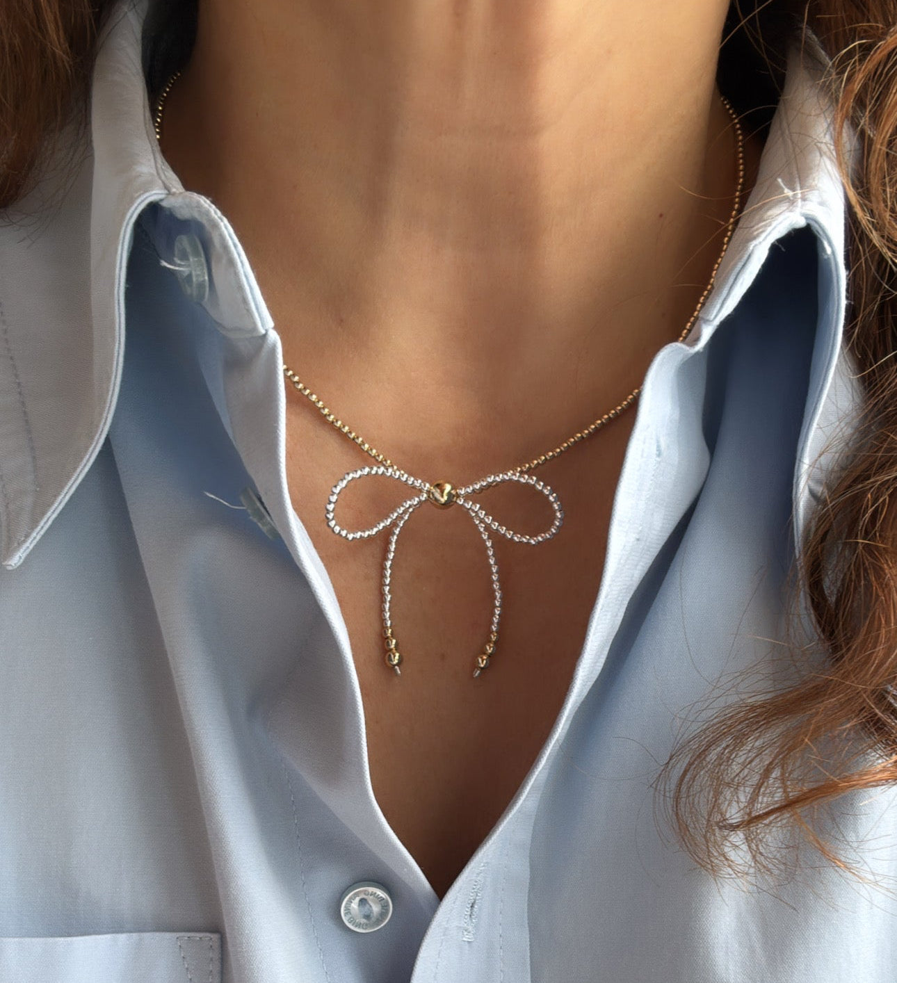 Mixed Metal Beaded Ribbon Necklace